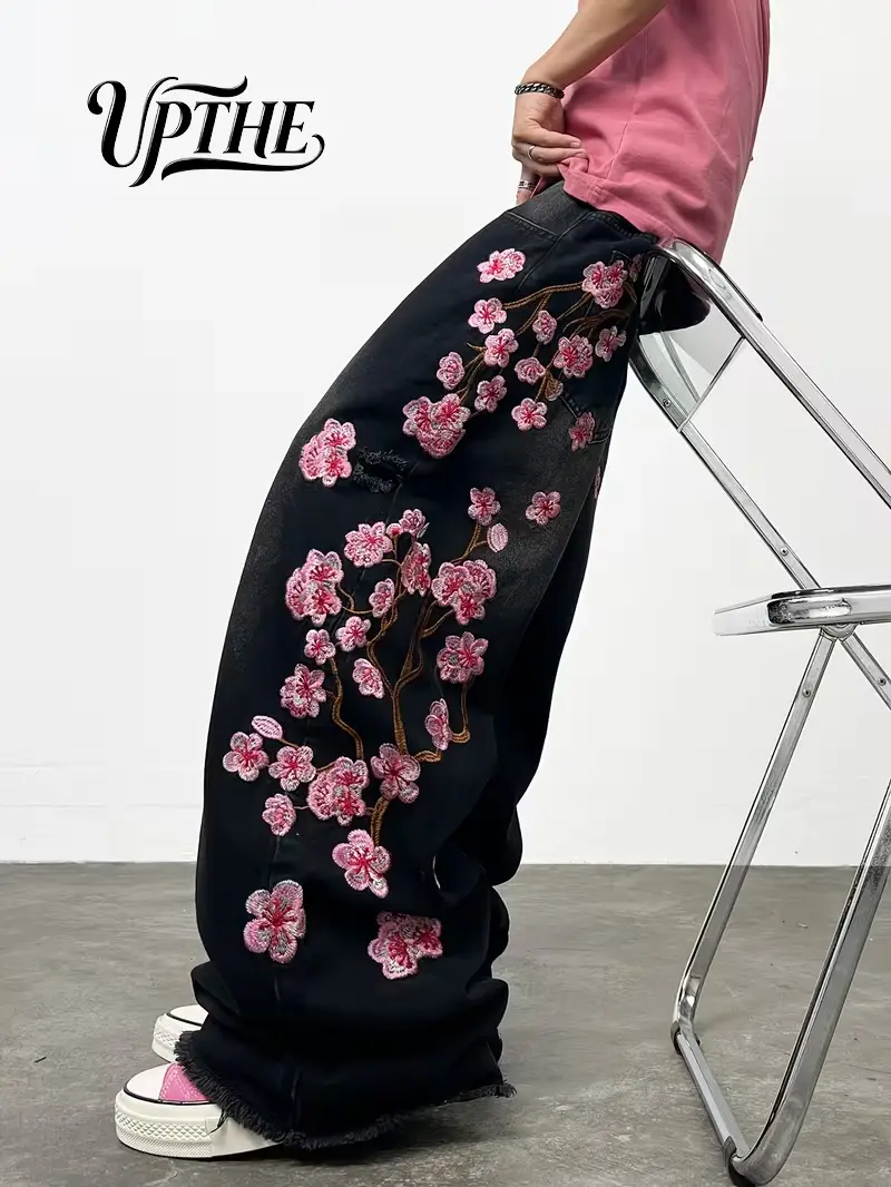 UPTHE Men Wide Leg Baggy Jeans Y2K Cherry Blossom Floral Embroidery Vintage Distressed Frayed Hem Streetwear Loose Fit Casual Denim Pants
