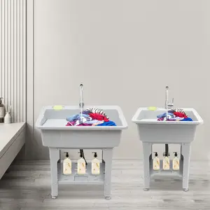Modern Freestanding Rectangular Laundry Sink Made of PP, Alloy & Stainless Steel - Features Soap Slots with Anti - slip and Hollow Design, Water - retaining Edge - Single Faucet Hole, 200kg Capacity - Comes with Washboard for Laundry Rooms, Bathrooms