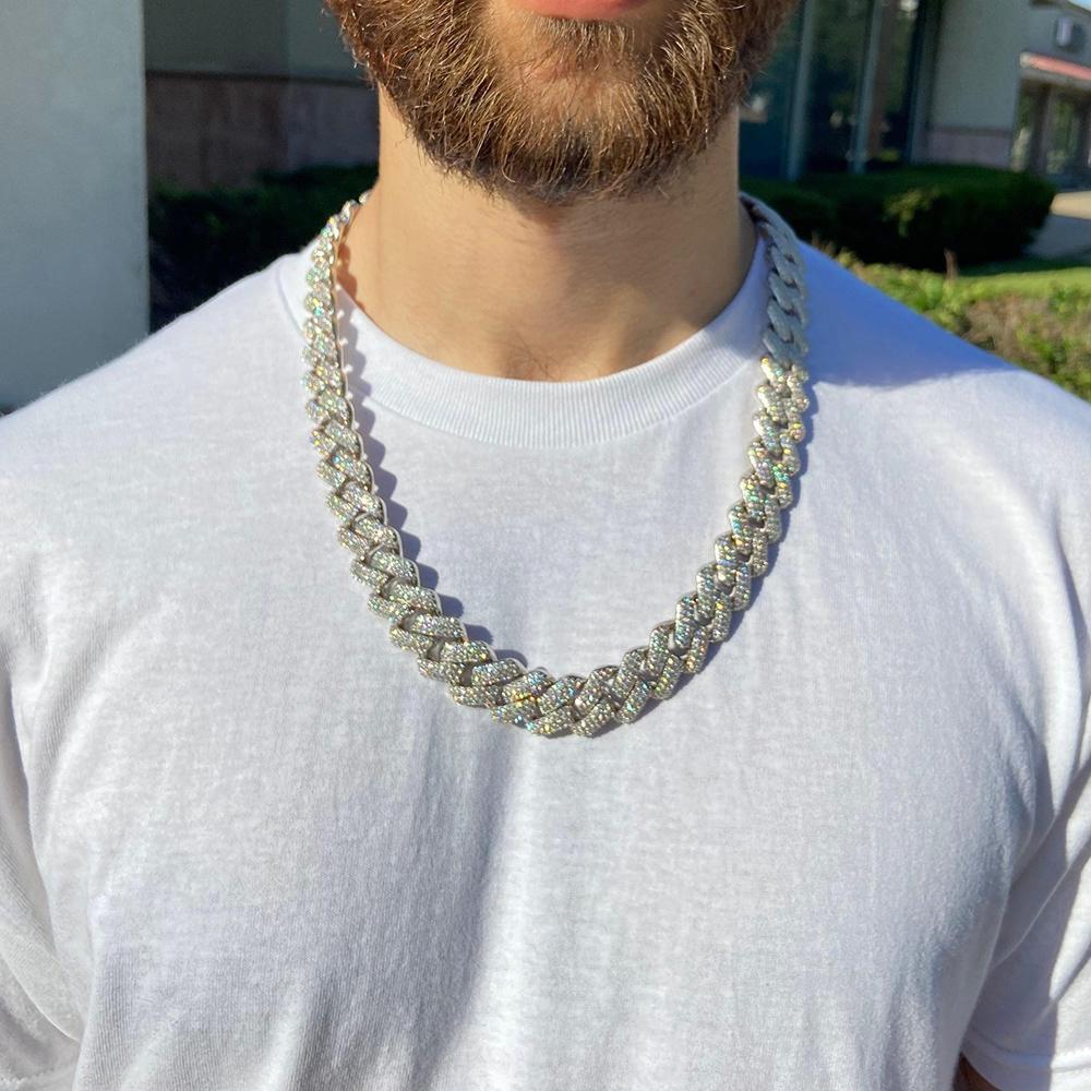 Thick 20-25mm Silver Three Rows Prong Setting Cuban Link Iced Out Hip Hop White Moissanite Chain Jewelry Women Men Gifts