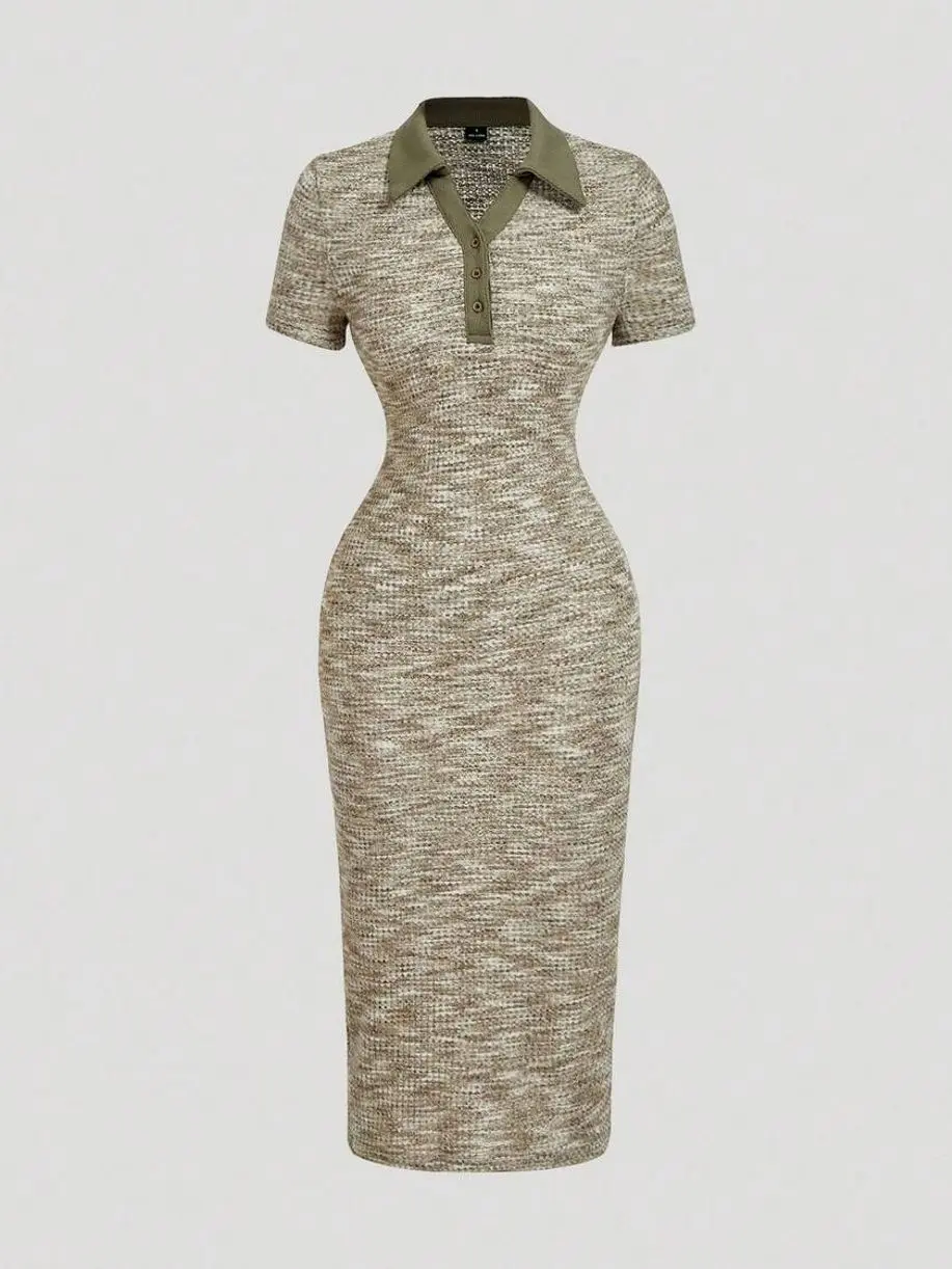 Brown Mid-Length Dress | Lapel Short Sleeve Business Casual Teacher Outfit