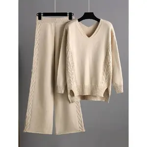 Casual Knitted Wide Leg Pants Sweater Set, Suitable for Women's Loose Fashion Style in Autumn and Winter, Two Piece Set