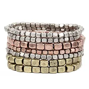 Rosemarie Collections Women's Trendy Costume Jewelry Chunky Nugget Stacking Statement Stretch Bracelet Set of 7, Burnished Tri-Tone Silver-Gold-Copper, Double Layered Bracelets, Trendy Jewelry