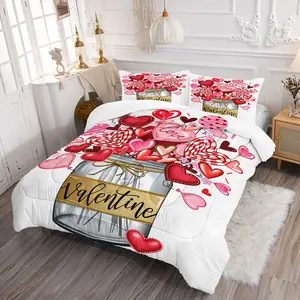Valentine's Day Vibrant Heart Print Comforter Set, 2/3 Piece Romantic Love Bedding Set with Pillowcases, Soft Microfiber Quilt for Bedroom Decor, Perfect Gift for Couples