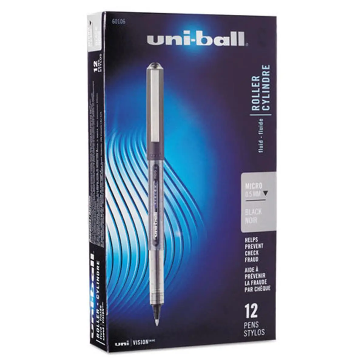 Uni-Ball VISION Stick Roller Ball Pen (UBC60106) - 0.5mm Micro, Classic Uni-Flow Ink System, Acid-Free Archival-Quality Black Ink, Waterproof, Smooth Strokes, Visible Supply, Black/Gray Barrel, 1 Dozen Pens for Document Keeping, Visible Ink, 12 Pens