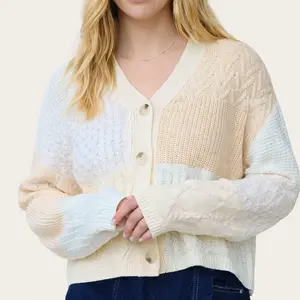Soft Girl Patchwork Knit Cardigan - Ivory & Beige Colorblock Cable Knit, Relaxed Fit, Button-Front, Ribbed Cuffs, Cozy Spring Layering, Cute & Versatile