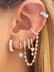 6Pcs Luxury 24K Gold Plated Cubic Zirconia Hoop Earrings Set For Women Zircon Chain Earrings Pack Flower Drop Dangle Earrings Stack