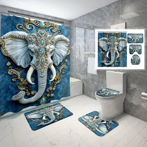 4pcs elegant blue elephant face, exquisite shower curtain set, non-slip floor mat, U-shaped carpet, toilet lid cover, perfect for bathroom decoration, partition, beautify the space, free 12 shower curtain hooks, Bathroom Accessory