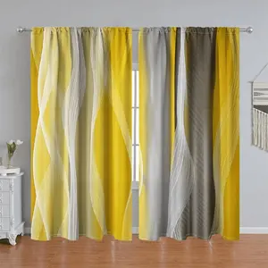 2Pcs Modern Geometric Wave Pattern Curtain Panels, Yellow & Grey Gradient, Rod Pocket Style, Semi Sunshade Polyester, for Home Decoration, Interior Decoration Accessories, Anti Privacy