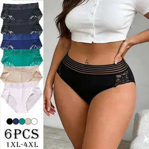 Women's 6-Pack Silver Briefs for Ladies, Basic Minimalist Solid Color, Sexy Lace Stripes, Cutout Design, Soft Skin-Friendly Fabric, Butt Lifter, Plus Sizes, Everyday Triangle Cut, Lady, Brief