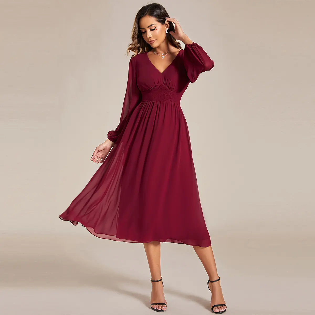 Ever-Pretty Chiffon V-Neck Long Sleeves Elastic Band Midi Wedding Guest  Dress Classy Party Formal Womenswear 1929 - TikTok Shop