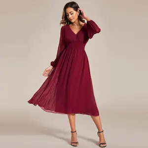 Ever-Pretty Chiffon V-Neck Long Sleeves Elastic Band Midi Wedding Guest Dress Classy Party Formal Womenswear 1929