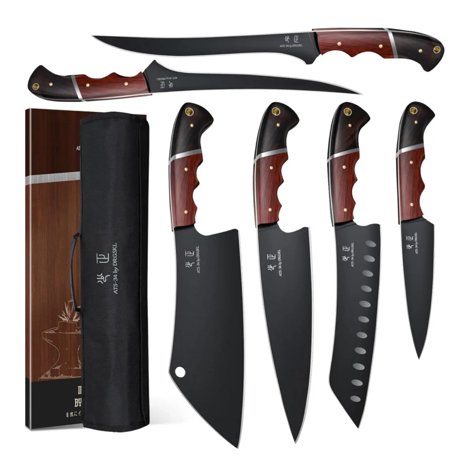 DRGSKL Kitchen Knife Set with Bag - 6 PCS Chef Knife Set - Boning, Fillet, Santoku, Utility Knife, Full Tang Wooden Handle, Knife Set for Men, Ideal Gift
