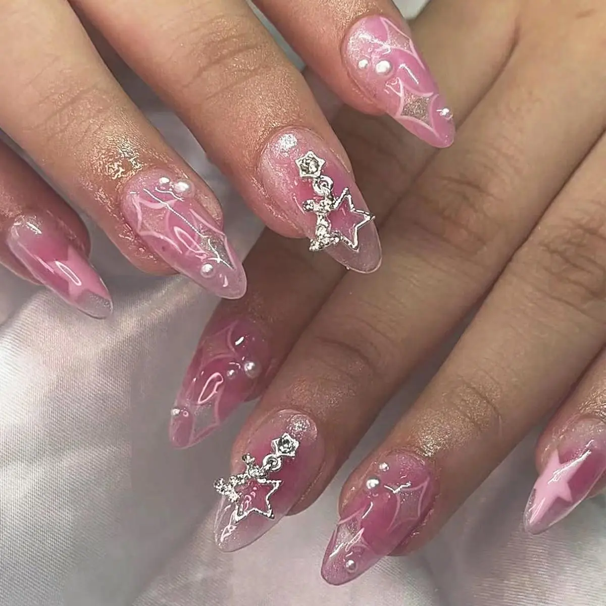 3D Star Decor Almond Fake Nail with Nail File & Nails Tape, 24pcs/set Glossy Full Cover Press on Nails, Elegant Press on Fake Nails for Women Nail Art Stick on Nails