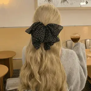 French vintage mesh polka dot bow hair clip, extra large bow alligator clip