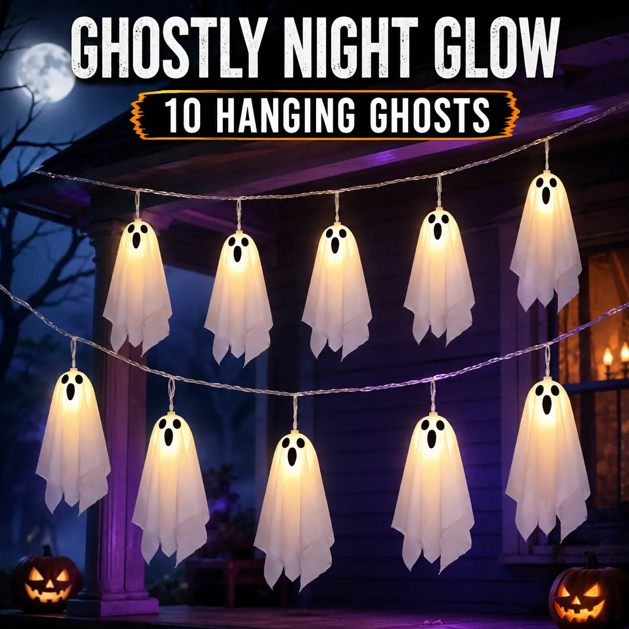 Spooky Fabric Ghost LED String Lights, 10-Pack Hanging Battery-Powered Garland with Remote Control, 8 Lighting Modes, Warm White for Outdoor/Indoor Haunted House Party Decor