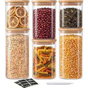 24 Oz/ 37 Oz/ 51 Oz Glass Storage Jars with Bamboo Lids - 6 Pack Clear Glass Canisters Square Airtight Stackable Ideal for Pantry Storage Containers Great for Cereal Coffee Beans Snacks etc