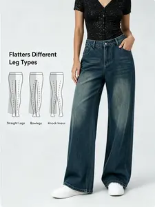 High Waisted Tummy Control Wide Leg Casual Jeans with Pockets，Regular Size BBL Spring Fashion Daily Outfits WH45