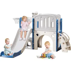 8 in 1 Toddler Slide for Toddlers Age 1-3, Extra-Long Slide with Basketball Hoop Indoor and Outdoor Baby Climber Playset Playground Freestanding Slide (Medium, White+Blue)