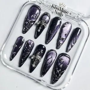 KissMuse Nails | ST-022 | Gothic Press on Nails, Dark Purple Black Cat Eye False Nails with Cross & Gem Rhinestone Decor, Mysterious Edgy Glitter Acrylic Nails for Women Girls Halloween Cosplay Daily Wear