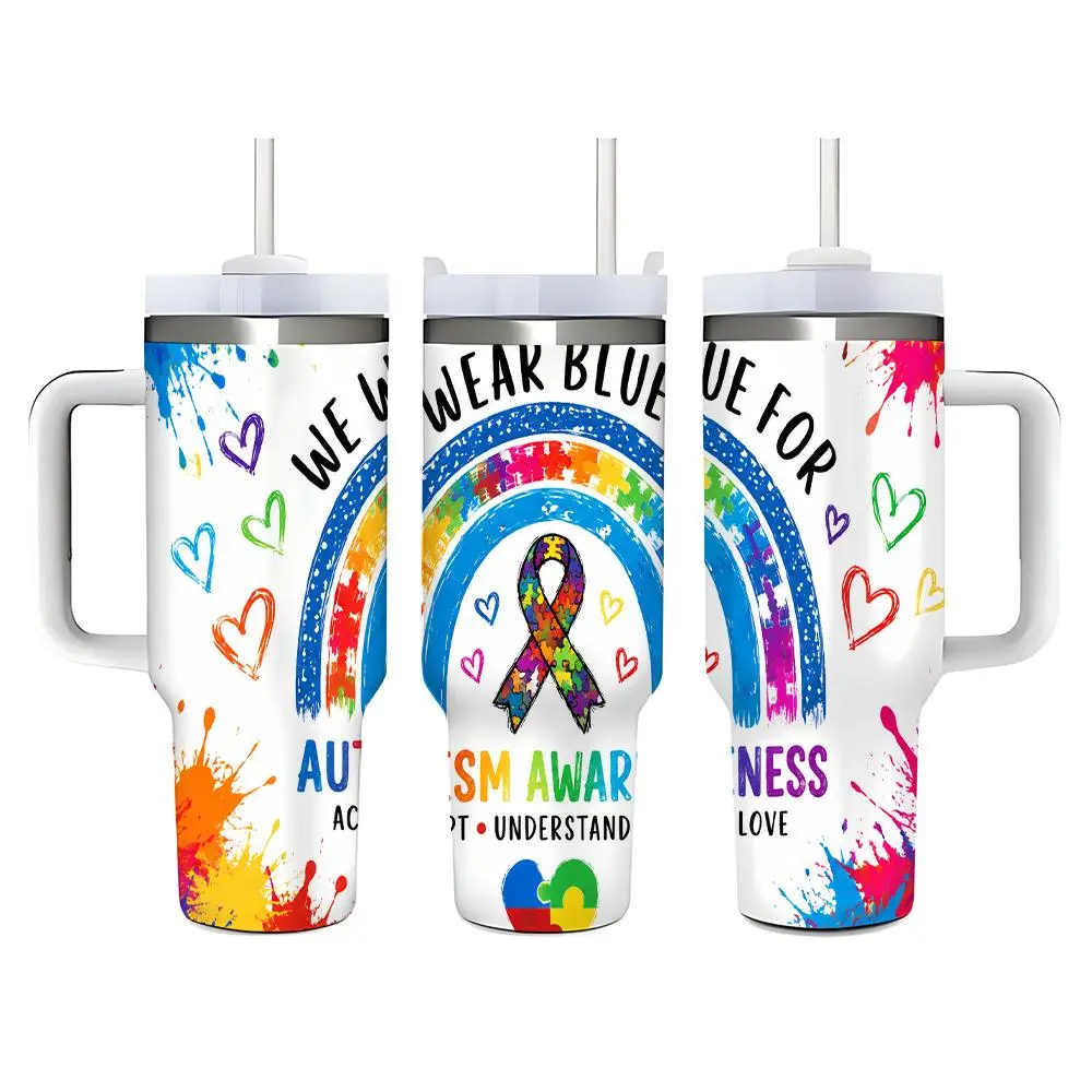 40oz Stainless Steel Autism Awareness Rainbow Puzzle Heart Tumbler - Double Wall Vacuum Insulated Flask with Handle, Straw, Lid - Portable Water Bottle for Car, Casual Use - Kitchenware Drinkware Ideal for Birthday Gifts, Flasks, Bottles