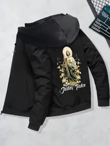 Saint Joseph Theodore Men's Hoodie, Religious Floral Pattern, Breathable Zipper Hooded Top, Casual Fitted Design, All Seasons Wear, Floral Print Hoodie