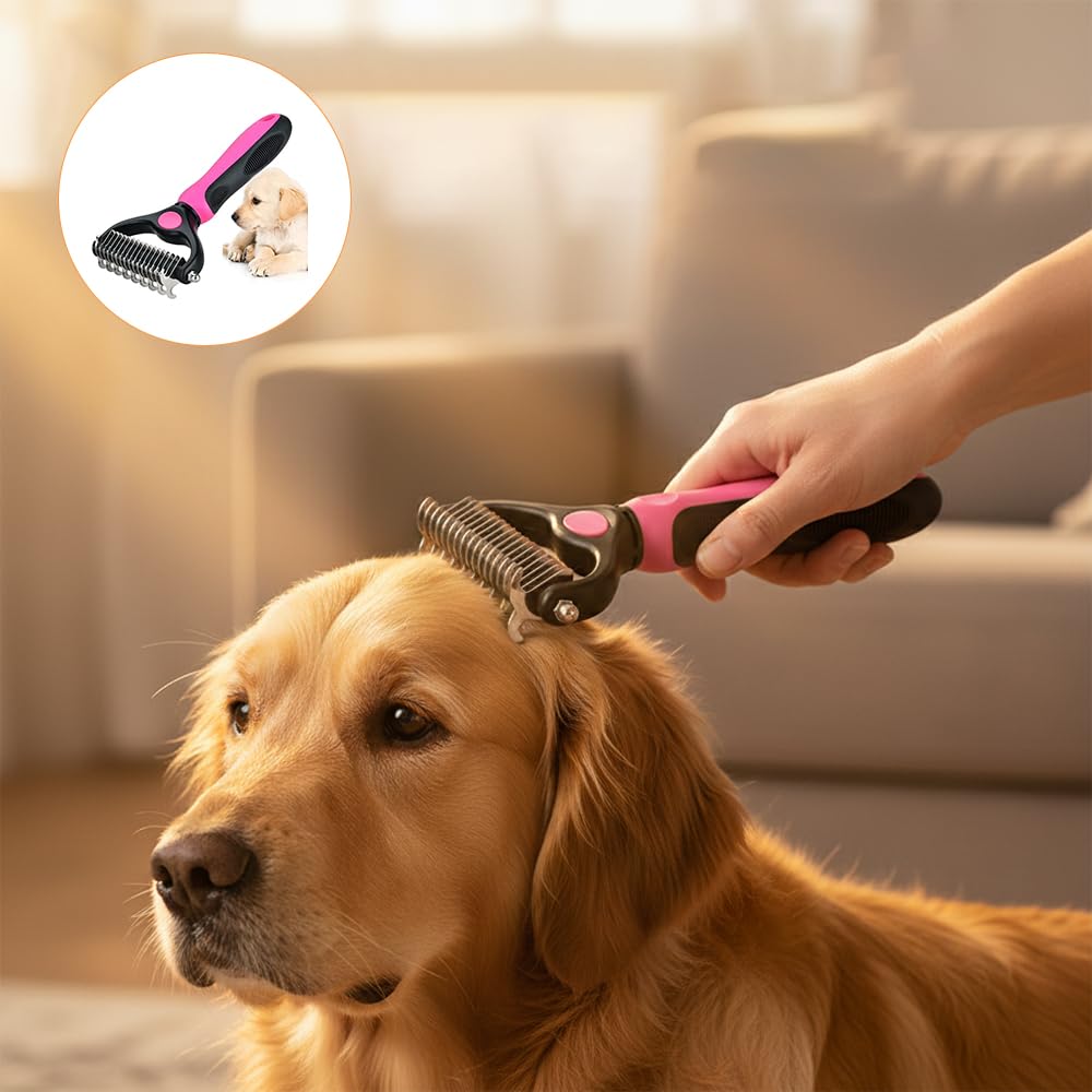 Pet Grooming Brush-Double Sided Hurtless Shedding and Dematting Undercoat Rake Comb for Dogs and Cats, No More Nasty Shedding or Flying Hair Pet Grooming Brush-Double Sided Hurtless Shedding and Dematting Undercoat Rake Comb for Dogs and Cats, No More Nasty Shedding or Flying Hair