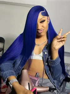 Navy Blue 13x4 Lace Front Wigs Pre-Plucked Natural Hairline HD Transparent Glueless Lace Frontal Wig Free Part Straight Wig Heat Resistant Synthetic Wig Coachella Festival Look Perfect for Parties Concert 28 Inches