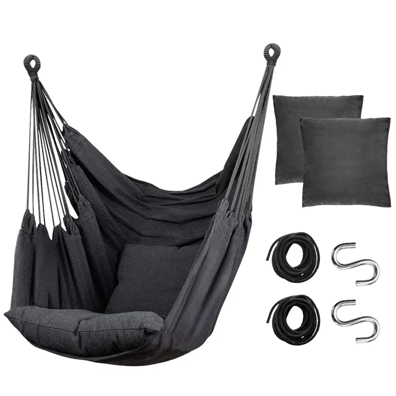 Hammock Chair Hanging Rope Swing - Max 300 Lbs - 2 Cushions Included - for Any Indoor or Outdoor Spaces (Grey)