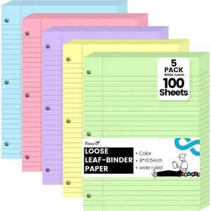 5-Color Loose Leaf Paper, 500 Sheets Wide Ruled, 8 x 10.5 Inch, 3-Hole Punched for 3-Ring Binders, Perfect Notebook Paper Filler for Note-Taking, Ideal for Back to School Student & Professional