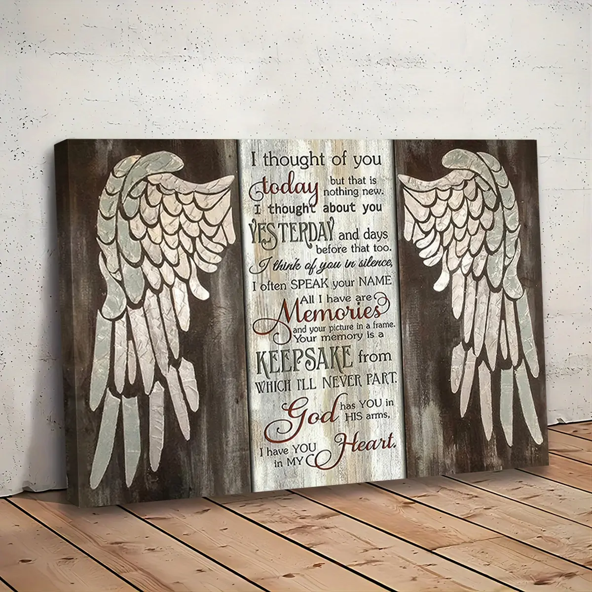 [Ready to Hang] 1Pc 12x16 Inch In Memorial Canvas Wall Art Decoration Painting, I Thought of You Today Angel Wings Picture, Retro Farmhouse Stretched Wood Framed Remembrance Poster, Deep Sympathy Bereavement Gift (30x40cm Included)