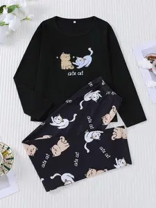 2 pieces of cute cat printed round neck long sleeved sleepwear set Cartoon Print Pajama for girls and boys, with elastic waistband suitable for all seasons, comfortable and cute home wear