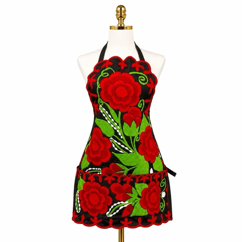 Handmade Mexican Embroidered Floral Apron - Adjustable Strap, Washable, Comfortable Kitchen Apron with Pockets, Sunflower & Red Rose Designs, Fits S-2XL, Perfect Gift