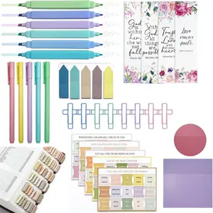 Journaling Kit 6 Dual Tip Highlighters,5 Macaron Pens, 2 Transparent Sticky Notes Pads,8Cross-Shaped Paper Clip,5  Index Sticker Sheets and 4 Floral Bookmarks for  Study