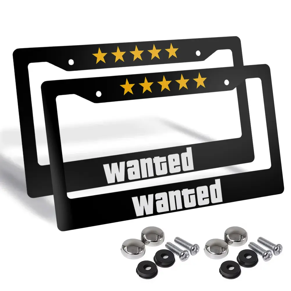 Wanted Level 5 Stars License Plate Frame 12.2×6.3 Inch | Funny Car Tag Frame | 2D Flat Printed Auto License Plate Holder for Front or Rear Plate | Palette&Wall | summervibes