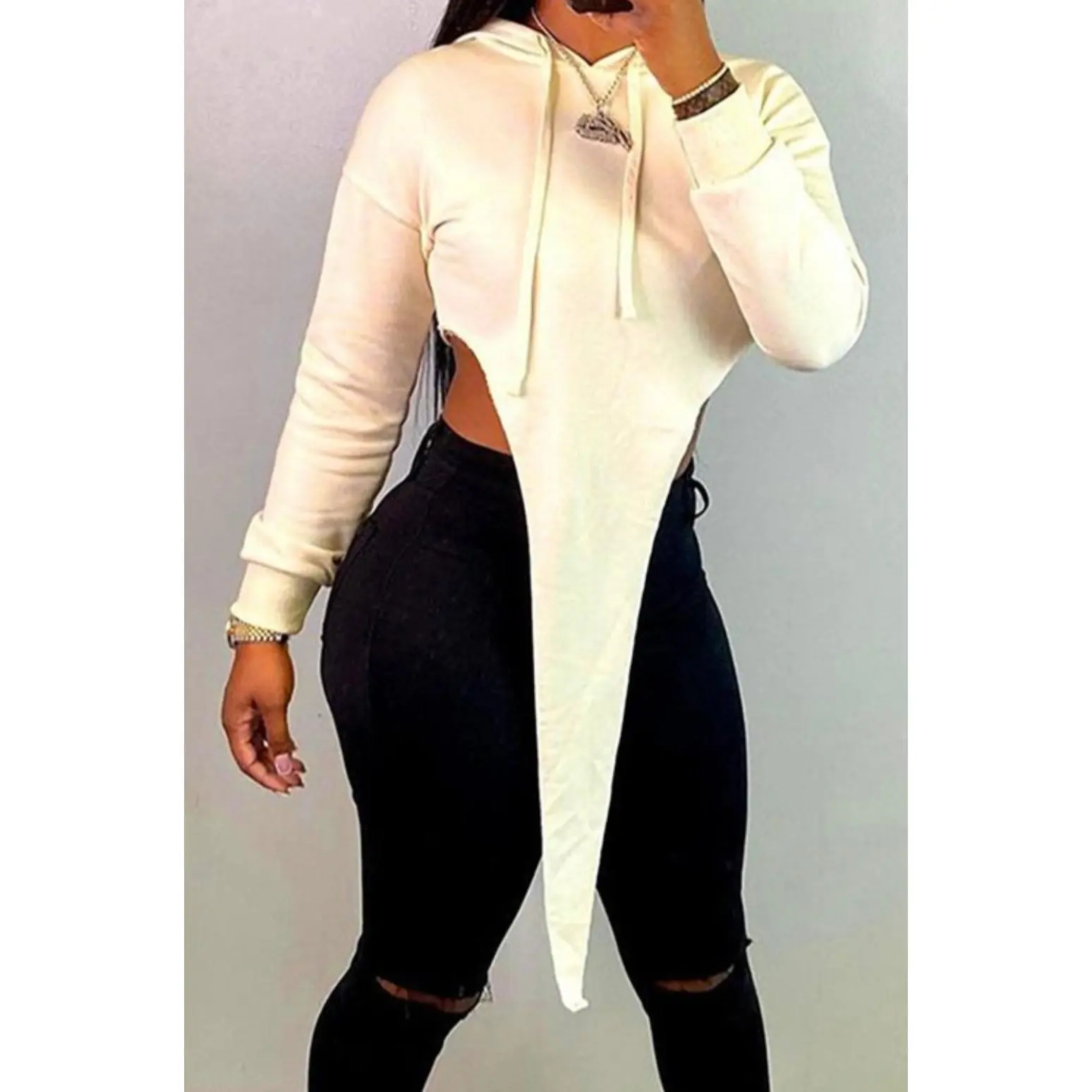 Lauren Baddie Hoodie Sweater - Casual Long Sleeve Top with Asymmetric Design, Comfortable Fit, and Front Pocket