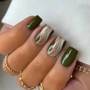 Vintage Olive Green Gradient Press On Nails, Rose Gold Glitter Wave Pattern Short Square Removable False Nails, Perfect for Daily Commute, with Jelly Glue and Nail File
