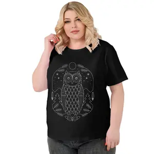 Mystical Owl Line Art Plus Size T-Shirt |   Boho Celestial Nature Graphic Tee