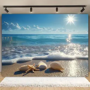 1pc Beach Theme 2D Party Backdrop, Polyester Sunshine Beach Scene with Starfish & Shells, Versatile Photography Background for Wedding, Birthday, Anniversary, Christmas, New Year, Valentine'S Day