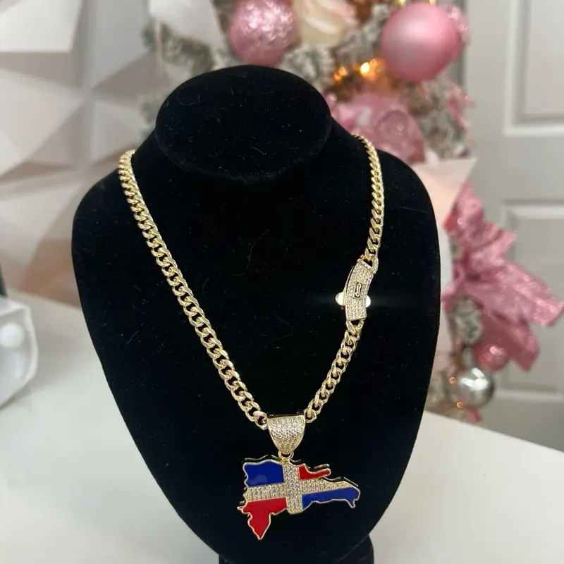 14k Gold Bonded Dominican Flag Pendant  - Necklace