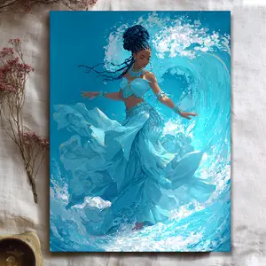 [African Goddess Canvas Art] 1pc Yemaya Wall Art - African Goddess, Turquoise Ocean Waves, Orisha Religion Decor, Yoruba Deity Print, Traditional African Mythology, Framed Wrapped Canvas Painting, Natural Wood Frame, Ready-to-Hang, Home, Office, Spir