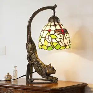 Tiffany Style Cat Base Stained Glass Table Lamp Dragonfly & Lotus Design, Vintage Accent Lamp with Warm Light Bulb Included