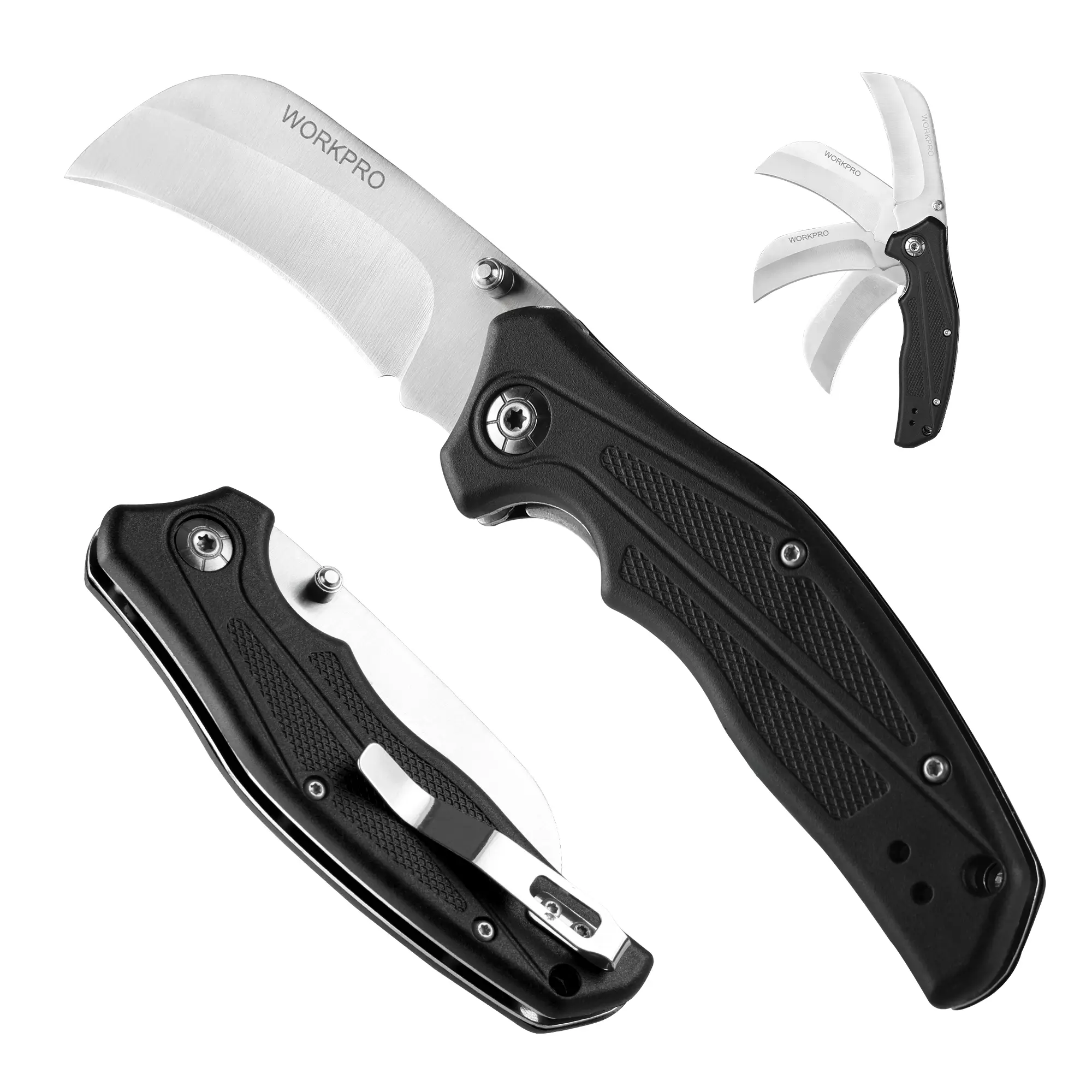 #summersale WORKPRO Pocket Knife, Hawkbill Folding Utility Knife with Lanyard Hole and Belt Clip, Electrician Knife for Cable Skinning and Carpet, Linoleum, Cardboard, Rope, Wire Cutting