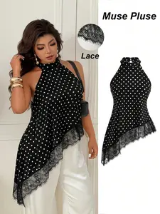 Women's Plus Size Polka Dot Halter Top Asymmetrical Lace Trim Hem Sleeveless Blouse Flowy Tummy Control Elegant Party Date Night Outfits Vintage Chic Casual Spring Summer Womenswear