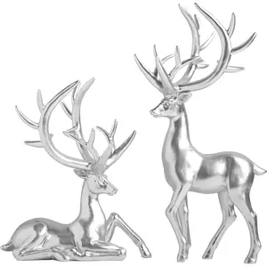 2PCS Christmas Reindeer Resin Sculptures Deer Ornaments Reindeer Statues Light Luxury Casual Shape Suitable for Indoor or Outdoor Country Style Christmas Home Decoration (Silver)