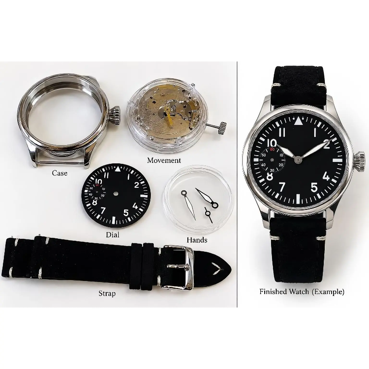 Jonathan JP Midnight Flyer Custom-Built Mechanical Pilot Watch 42.5mm Seagull ST36 Hand-Built with Black Aviation Dial & Suede Strap