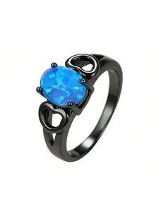 Trendy Black Heart Ring, Blue Rainbow Oval Opal Unisex Statement Ring,Punk Style Jewelry Gifts for Music Festival & Night Out