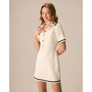 Rihoas Women's Chic Beige Lapel A-Line Skater Mini Dress - Contrasting Twist, Stain-Resistant Polyester Fabric, Neutral-Tone 2-Tone Poly Basic Casual Dress for Office Wear, Neutral-Tone Casual Dresses