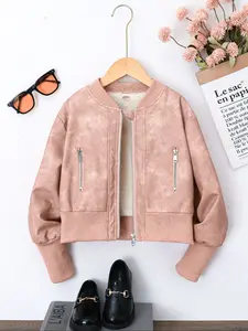 Girls' Short Sleeve Winter Fleece Jacket, Cute Sweet Warm Outerwear PU Leather Coat, New Fall Winter Fashion for Kids