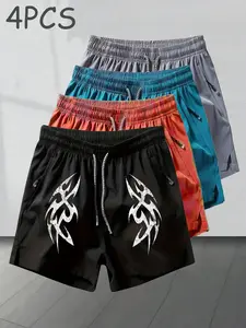 4-Pack American Streetwear Shorts, Tribal Trendy, Vintage Tribal Totem Print, Quick-Dry Breathable Fabric, Unisex