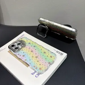 Rainbow Color Glitter Star iPhone 16 Pro Max Case, Anti-Drop Protection, Built-In Lens Film Stand, Creative Design for Apple 15/12/13/14